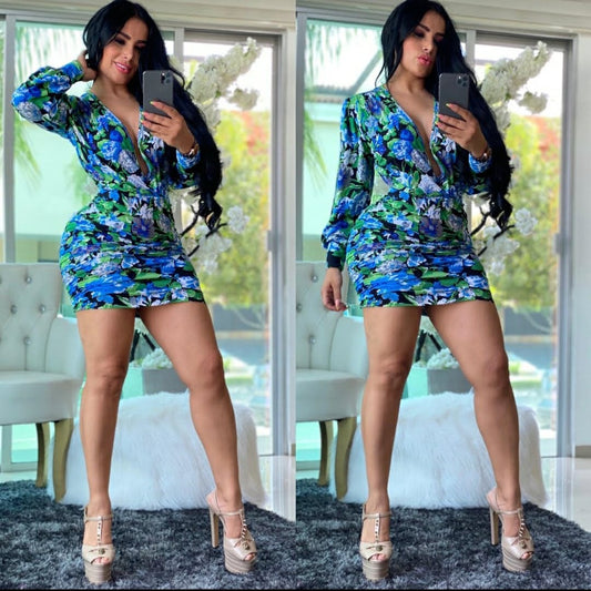 Short, fitted dress with a V-neck front and back