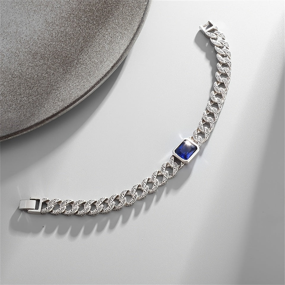 Luxury Vintage-Inspired Cuban Chain Bracelet with Synthetic Blue Gemstone - Silvery Plated