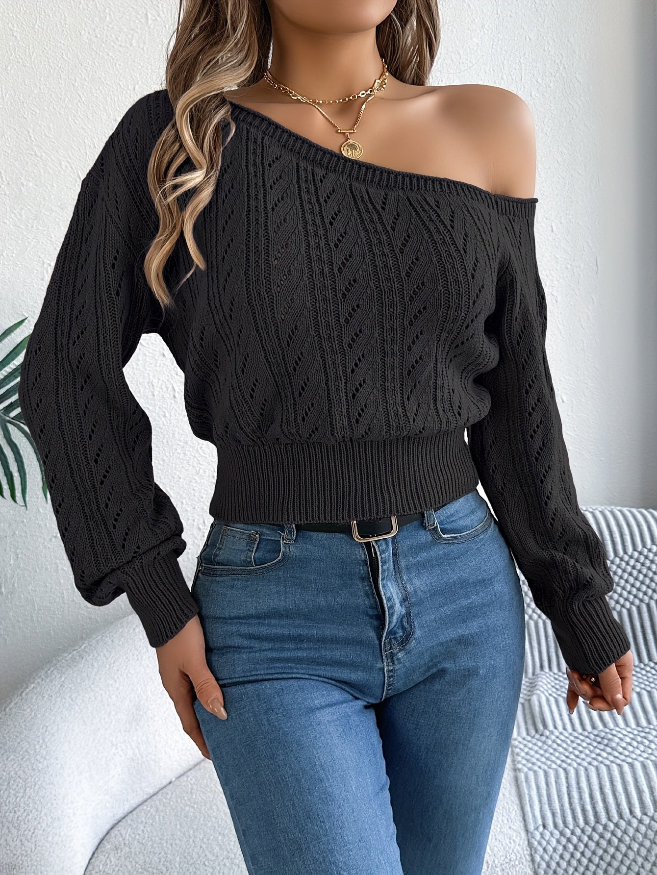 Off-shoulder Long-sleeve Knitted Sweater