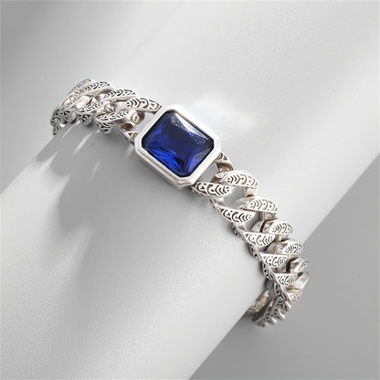 Luxury Vintage-Inspired Cuban Chain Bracelet with Synthetic Blue Gemstone - Silvery Plated
