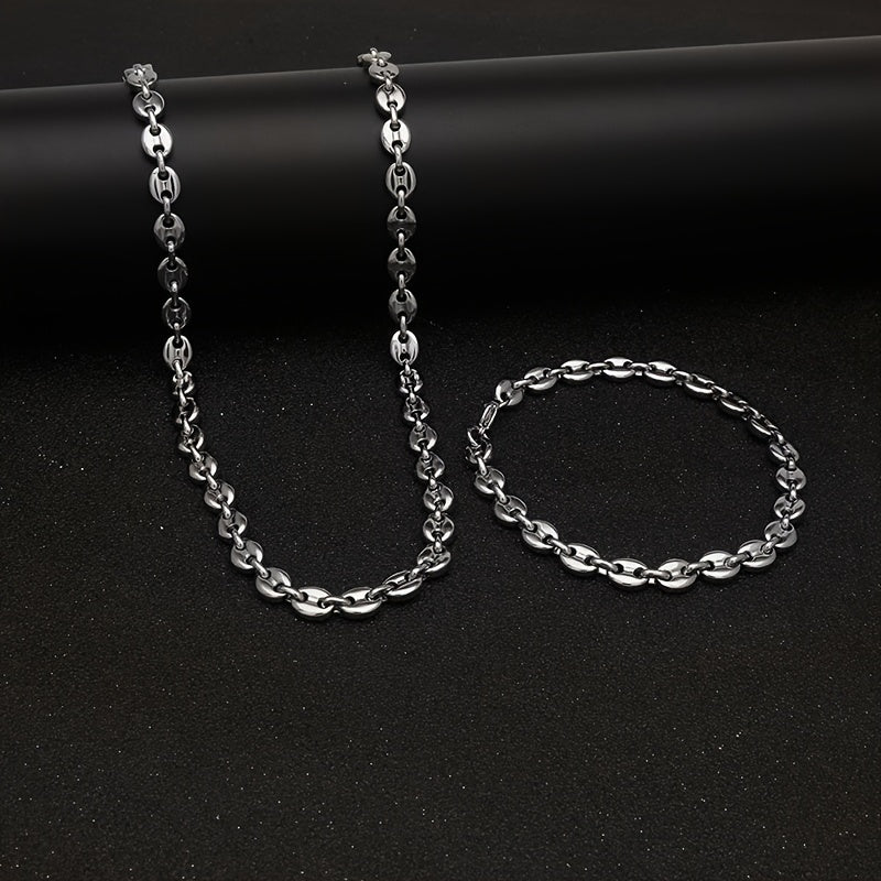 [Coffee Bean Jewelry Set] Stainless Steel Coffee Bean Necklace and Bracelet Set for Men and Women - Jewelry Set