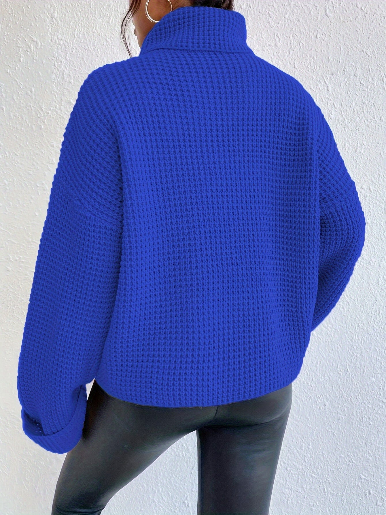 Casual High-Neck Drop Shoulder Waffle Sweater