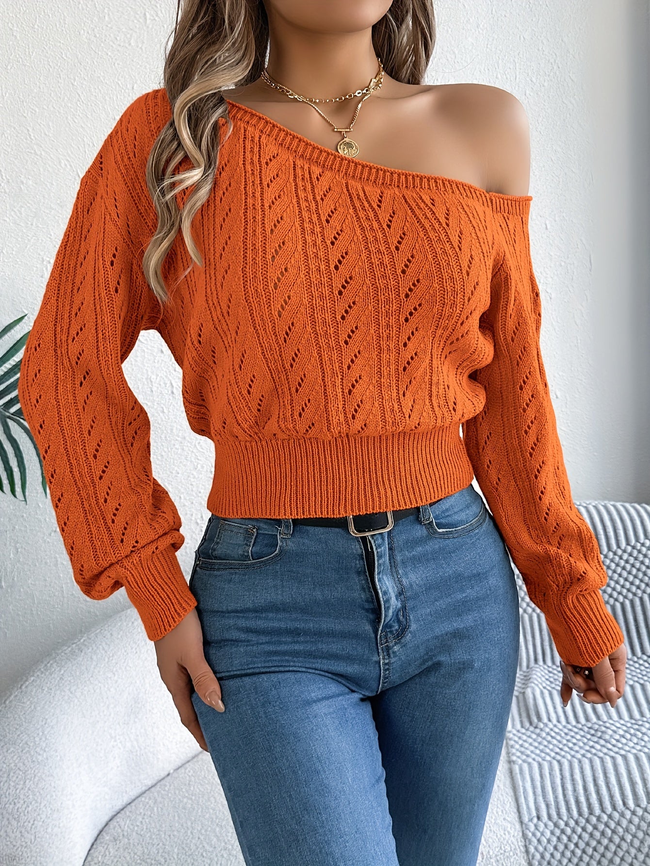 Off-shoulder Long-sleeve Knitted Sweater