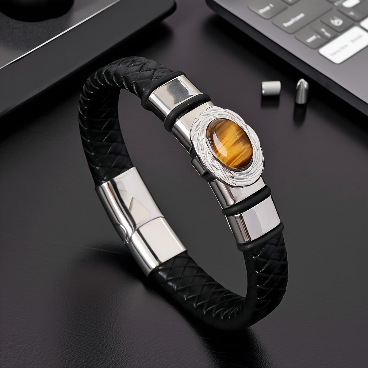Men's Trendy Bracelet - Black Braided Wristband with Tigereye Stone and Stainless Steel Accessories, Perfect for Daily Wear or Party & Travel Decor