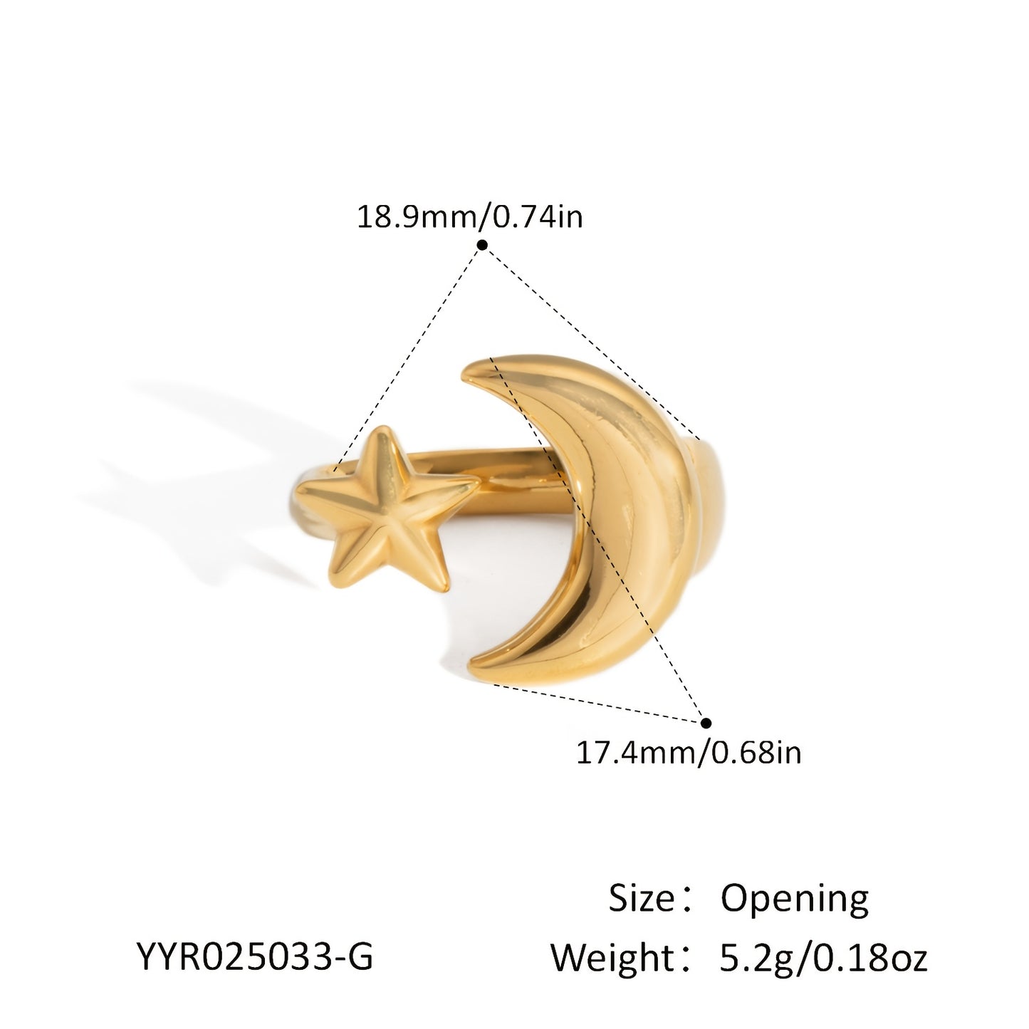 Minimalist Fashion Stainless Steel Geometric Moon and Star Open Ring, Women'S Waterproof Jewelry Gift