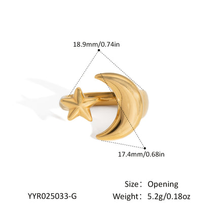 Minimalist Fashion Stainless Steel Geometric Moon and Star Open Ring, Women'S Waterproof Jewelry Gift