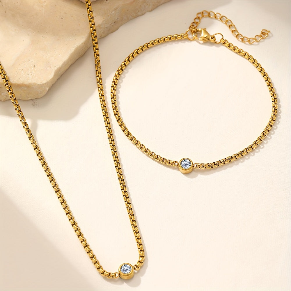 2pcs Stainless Steel Bohemian Style Necklace and Bracelet Set with Synthetic Diamonds, Perfect for Parties, Banquets, Valentine'S Day Gifts, Daily Wear