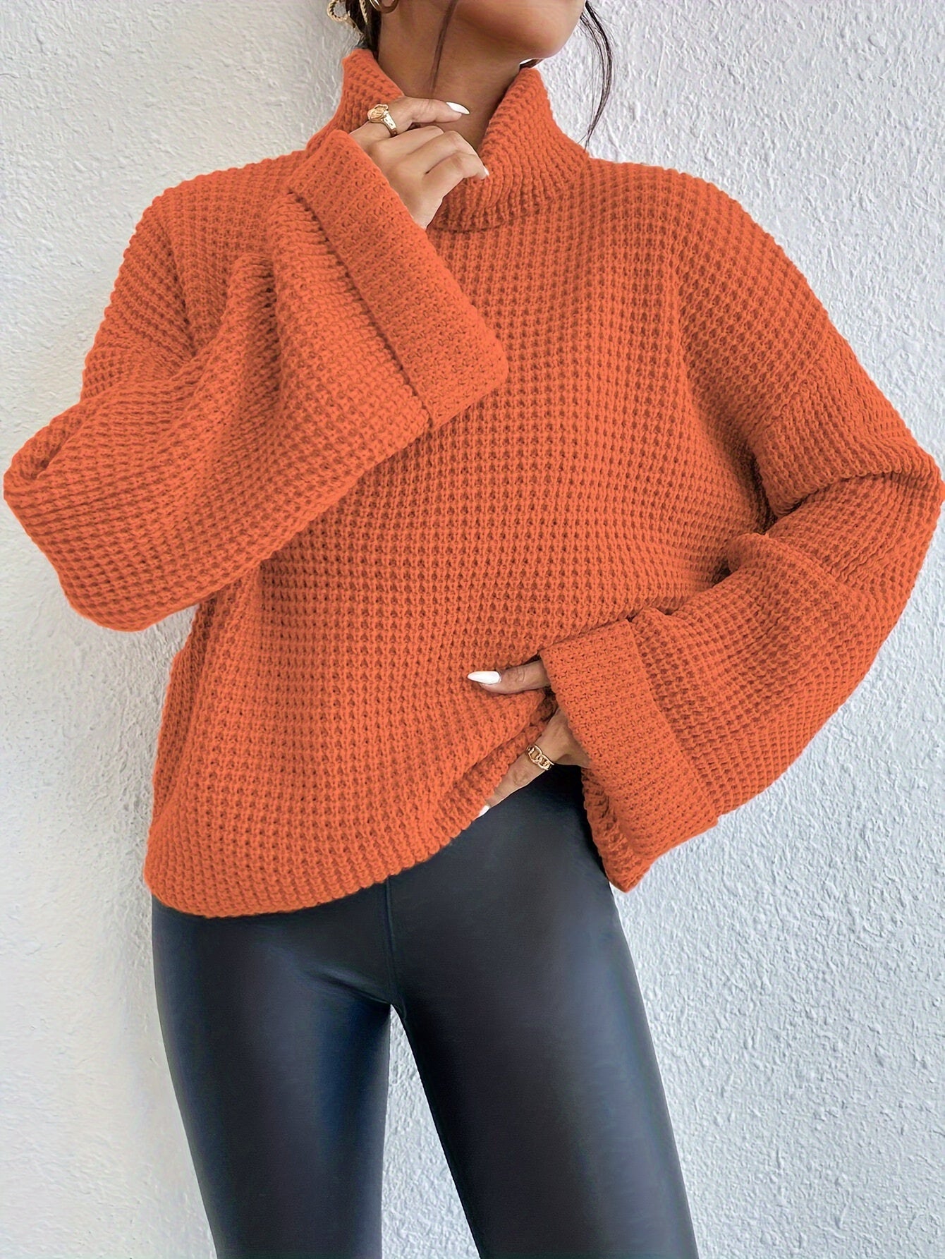 Casual High-Neck Drop Shoulder Waffle Sweater