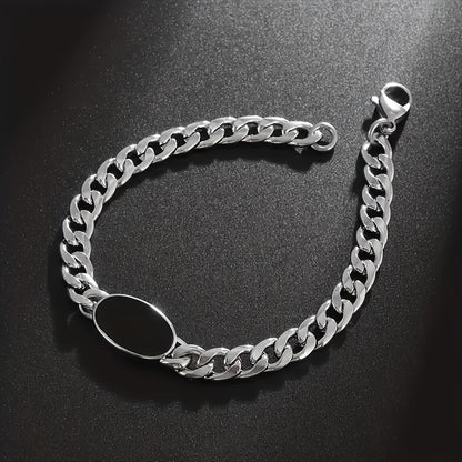 Chain Bracelet with Black Oval Synthetic Stone Pendant - Unisex
