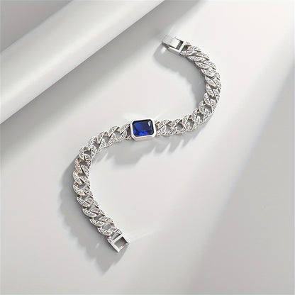 Luxury Vintage-Inspired Cuban Chain Bracelet with Synthetic Blue Gemstone - Silvery Plated