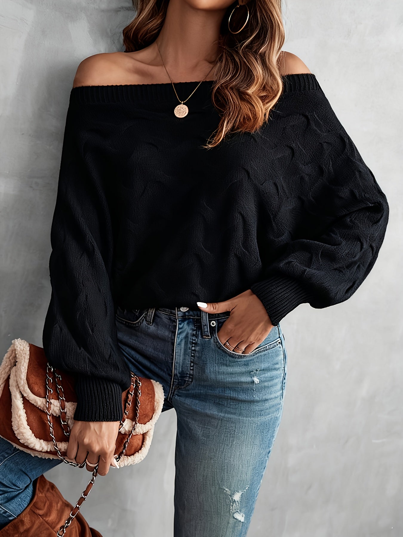 Off-Shoulder Batwing Sleeve Textured Knitwear, Pullover
