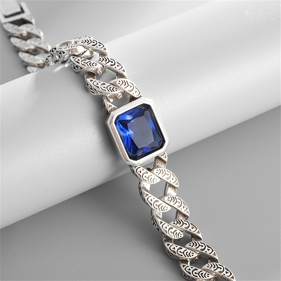 Luxury Vintage-Inspired Cuban Chain Bracelet with Synthetic Blue Gemstone - Silvery Plated