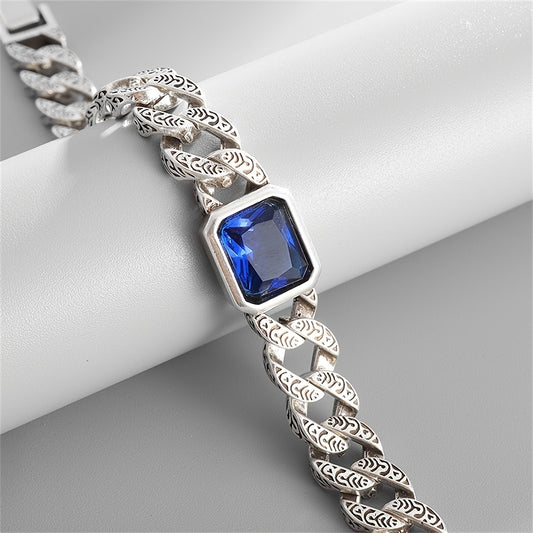 Luxury Vintage-Inspired Cuban Chain Bracelet with Synthetic Blue Gemstone - Silvery Plated
