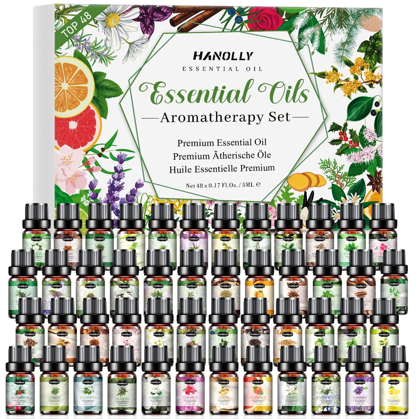 48X5ML Essential Oils Set, Essential Oil Kit for Diffuser - Sandalwood, Eucalyptus, Lavender, Tea Tree, Peppermint Oil