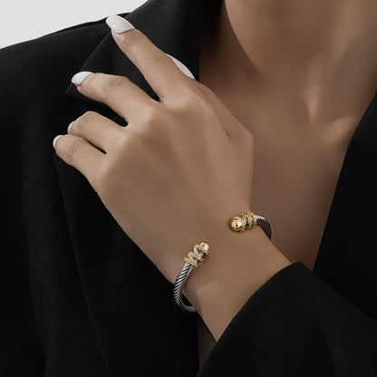 Vintage Stainless Steel Women's Bracelet with Golden Accents and Gemstone Detailing - Retro Twist Open Design for Valentine's Day, Anniversaries, Daily Wear, and Party Gifts, Bracelets for Couples