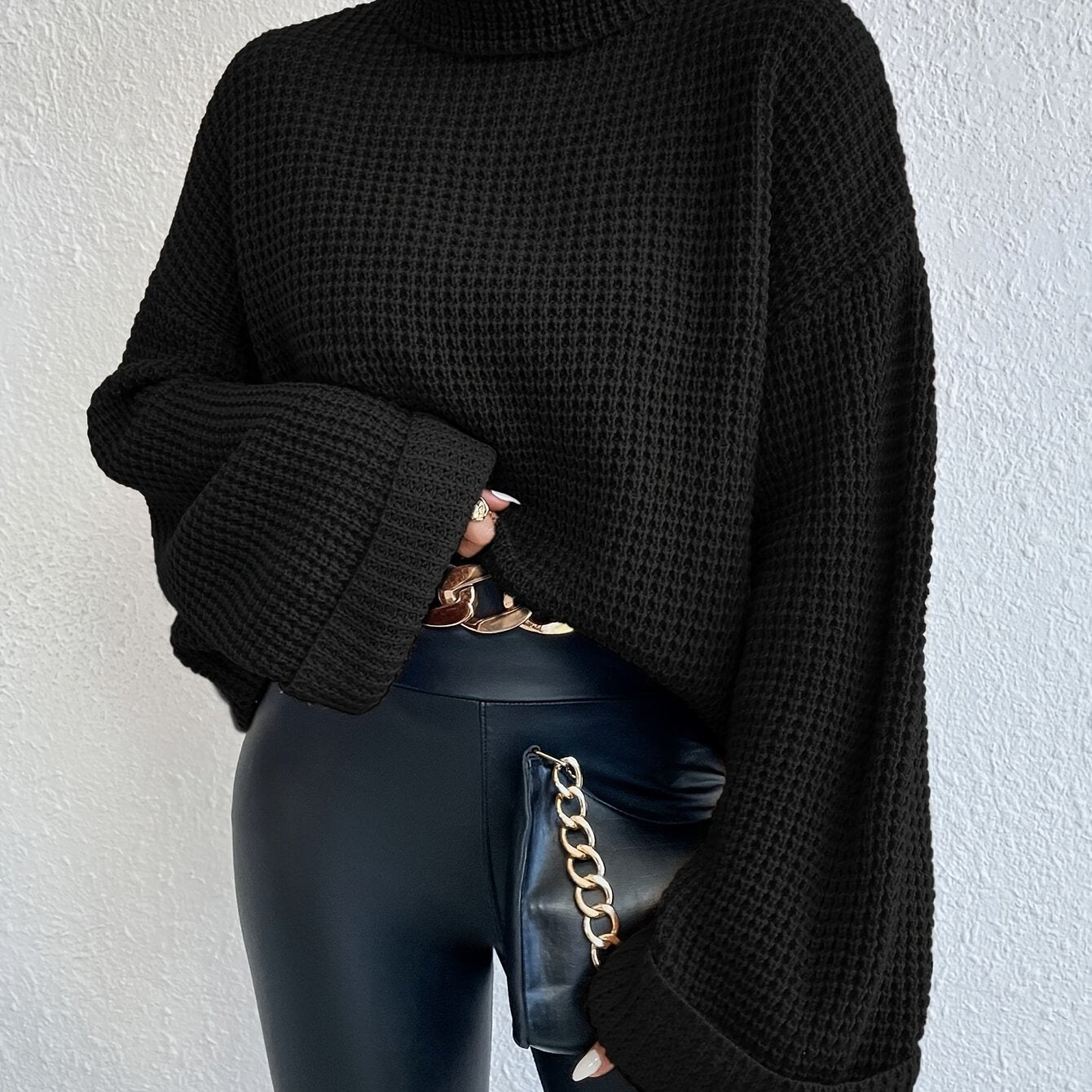 Casual High-Neck Drop Shoulder Waffle Sweater