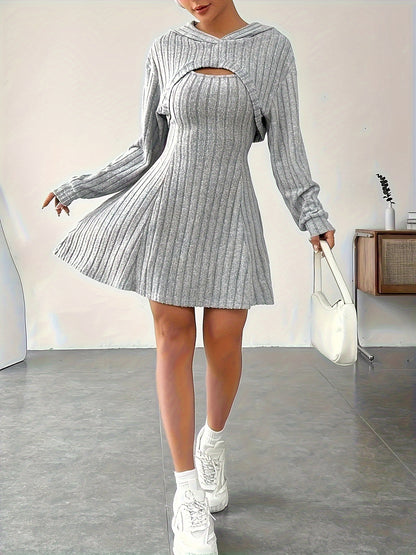 Solid Color Set  Casual Elegant Long Sleeve Hooded Top Camisole Slim Dress