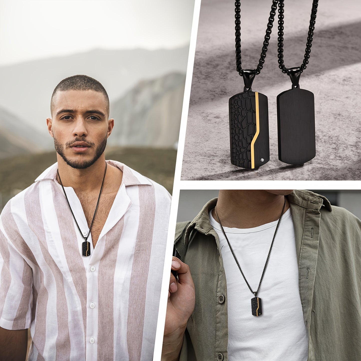 EJ  Stainless Steel Light Sand Black Pendant, Vintage Crack Titanium Necklace