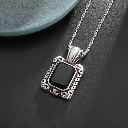 Black Stone Retro Square Pendant Necklace