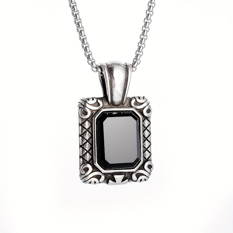 Black Stone Retro Square Pendant Necklace