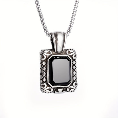 Black Stone Retro Square Pendant Necklace