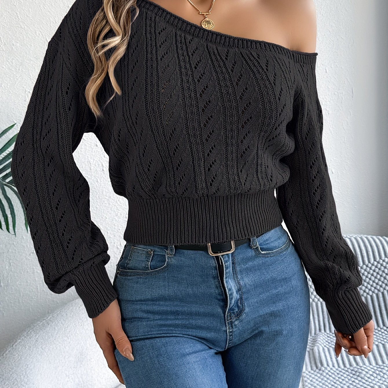 Off-shoulder Long-sleeve Knitted Sweater