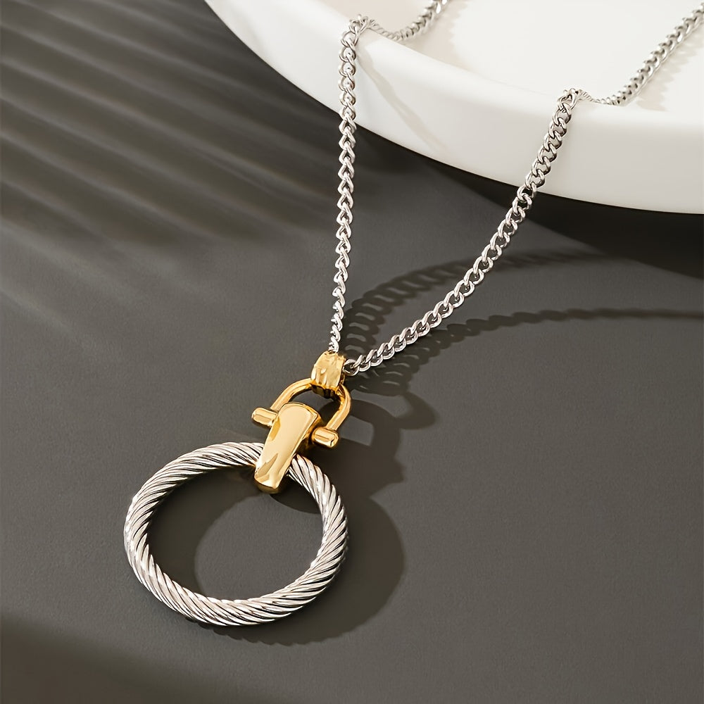 Women's Stainless Steel Twisted Circle Pendant Necklace with Copper Buckle - Bohemian Retro Light Luxury Long Sweater Chain for Daily Wear, Parties & Holiday Gifts (Anniversary Jewelry), Party Accessory, Elegant Jewelry, Styl