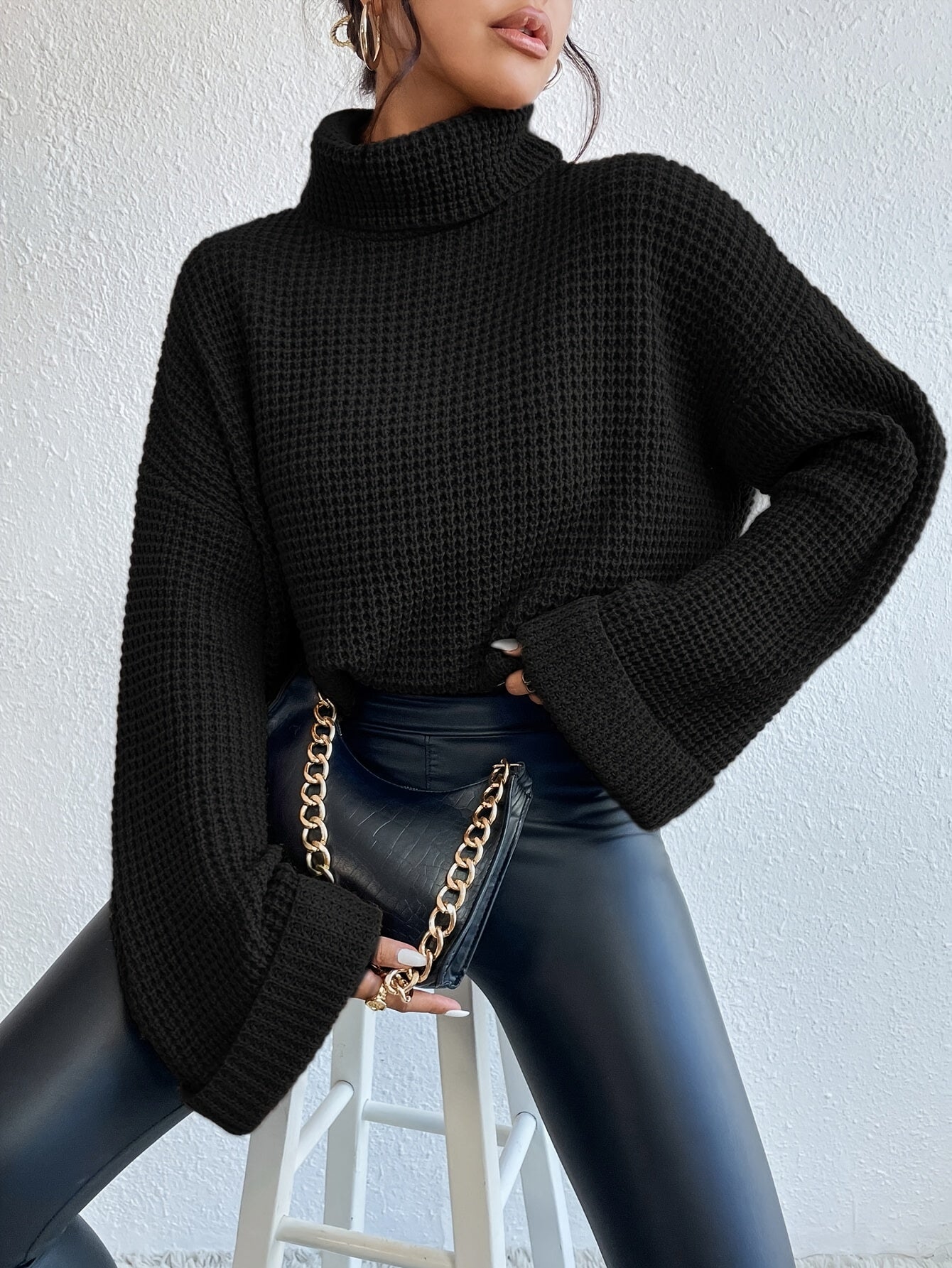 Casual High-Neck Drop Shoulder Waffle Sweater