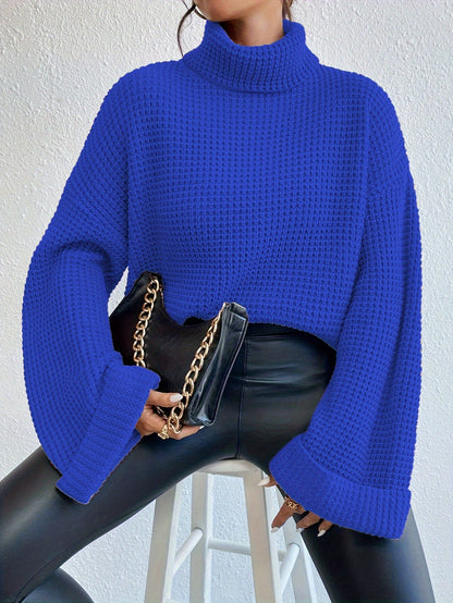 Casual High-Neck Drop Shoulder Waffle Sweater