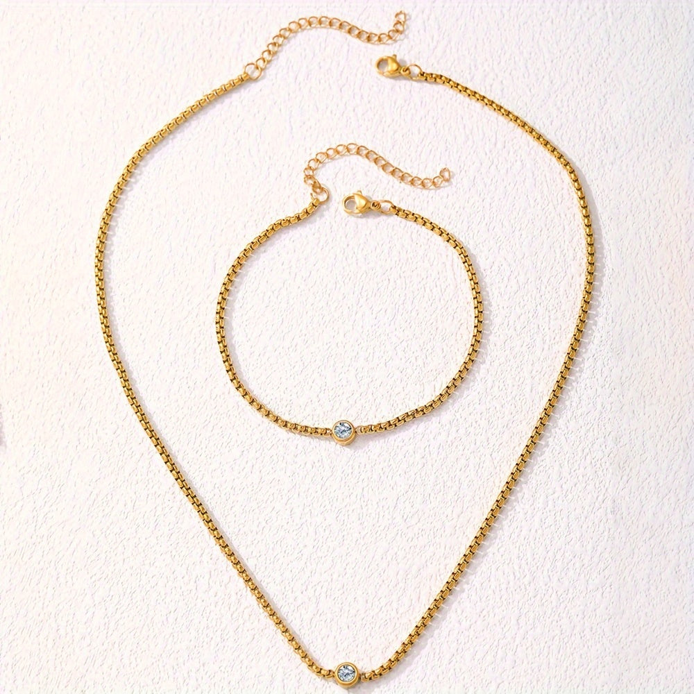 2pcs Stainless Steel Bohemian Style Necklace and Bracelet Set with Synthetic Diamonds, Perfect for Parties, Banquets, Valentine'S Day Gifts, Daily Wear