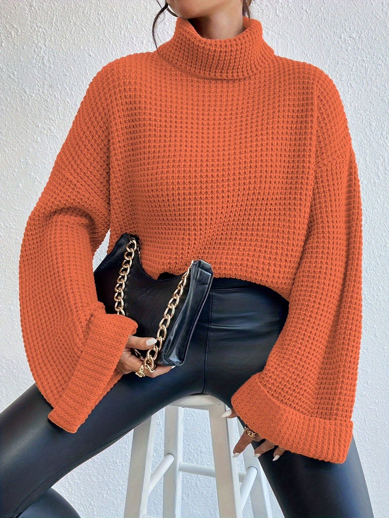 Casual High-Neck Drop Shoulder Waffle Sweater