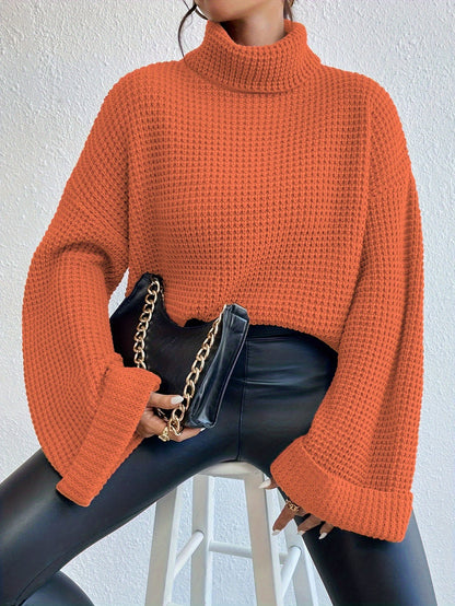 Casual High-Neck Drop Shoulder Waffle Sweater