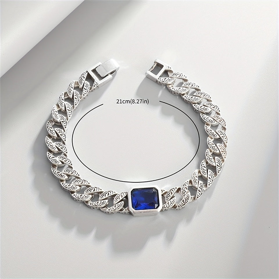 Luxury Vintage-Inspired Cuban Chain Bracelet with Synthetic Blue Gemstone - Silvery Plated