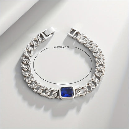 Luxury Vintage-Inspired Cuban Chain Bracelet with Synthetic Blue Gemstone - Silvery Plated