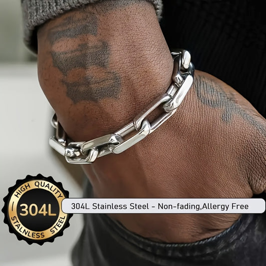 1pc 's Heavy Duty Interlocking Link 304L Stainless Steel Bracelet - 304L Hypoallergenic Non-Fading, Heavy Chain for Everyday & Formal Wear, Birthday/Christmas/Graduation Gifts for - Durable 's Jewelry for Parties & Everyday U