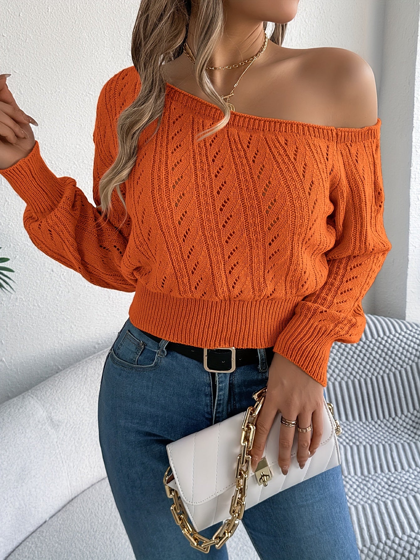 Off-shoulder Long-sleeve Knitted Sweater