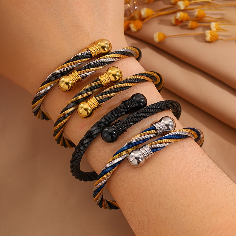 1pc Elegant Stainless Steel Bracelet with Golden-Tone Beads and Black Accents - Versatile Jewelry for Men and Women, Perfect for Daily Wear, Travel, Weddings, and Parties, Party Accessory|Retro Fashion Accessory|Durable Brace