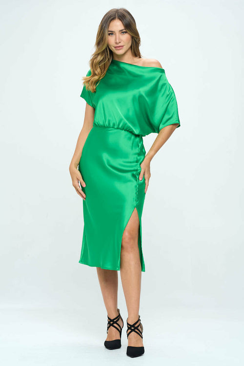 Solid Satin Stretch Dress with Slit