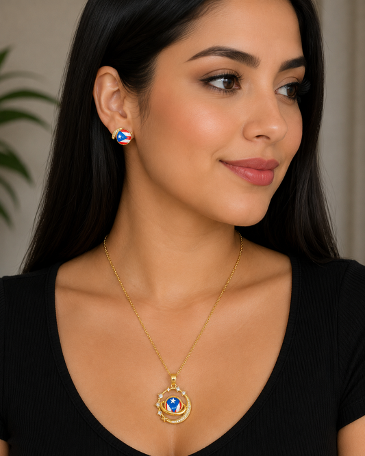 2 Piezas Collar y Aretes de Vidrio con Bandera de Puerto Rico