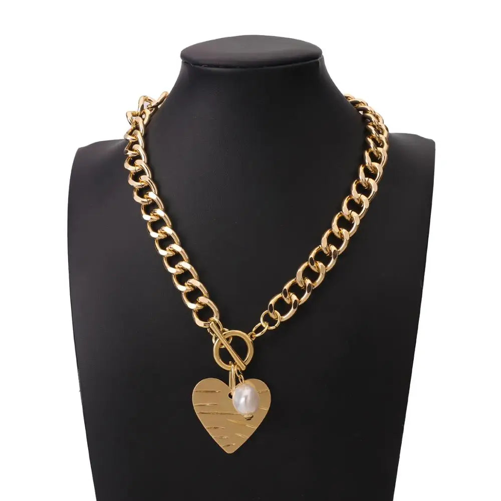 Love Heart Pendant Choker Necklace Steampunk Pearl Heart Chain