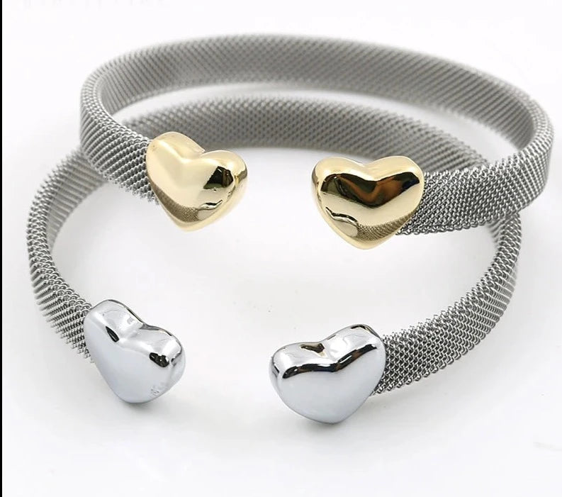 Fashion Heart Bracelets Grey Mesh Silver Gold Color Lover's Stainless Steel Open Cuff