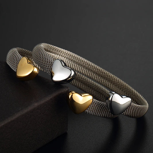 Fashion Heart Bracelets Grey Mesh Silver Gold Color Lover's Stainless Steel Open Cuff