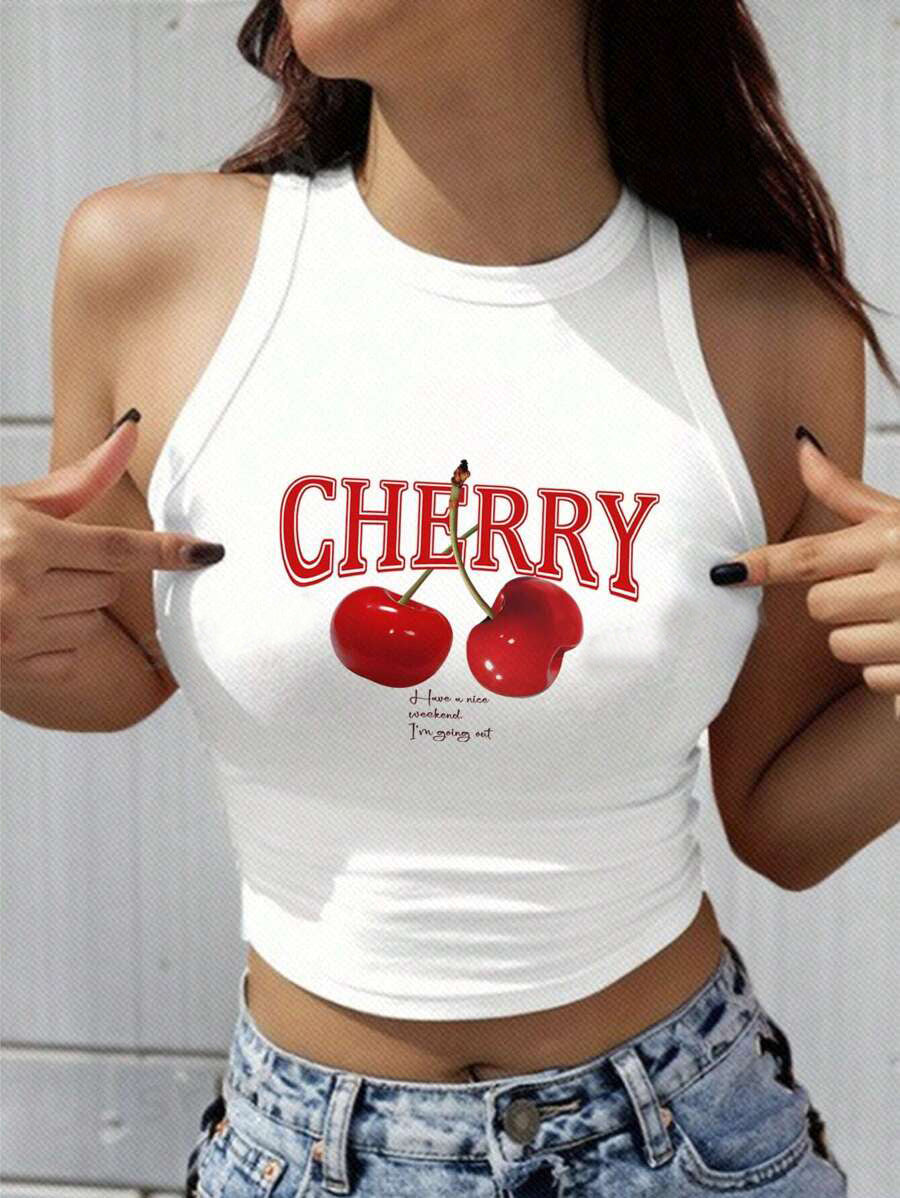 Vest Tank Tops Backless Streetwear Letter Cherry