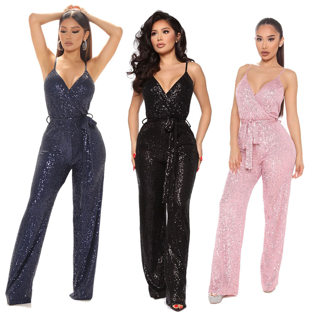 retro solid color polyester full length sequins jumpsuits