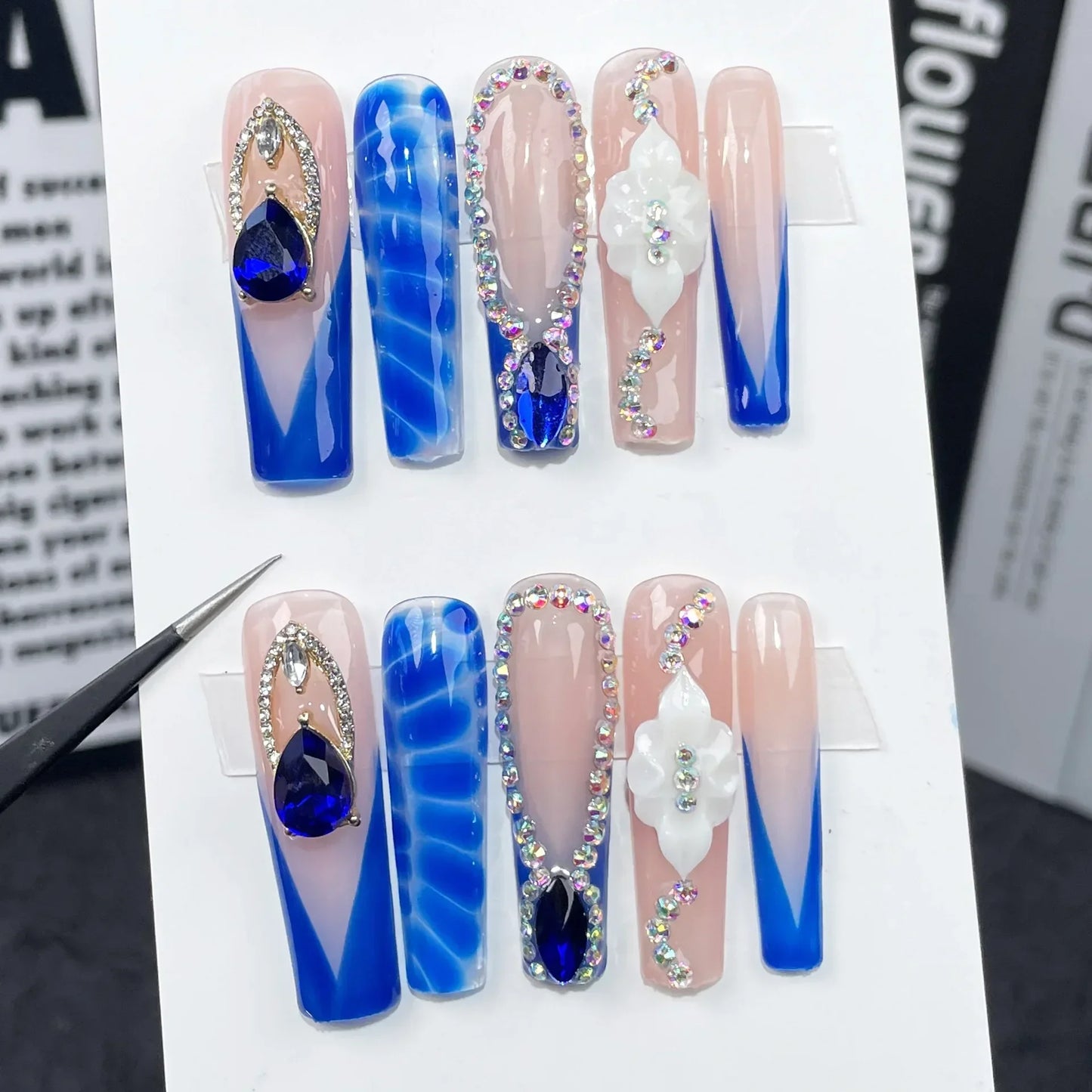 10pc Long Water Pipe Handmade Press on Nails Fashion Blue Snake Skin False Nail with Diamond Flower Coffin French Tips Fake Nail