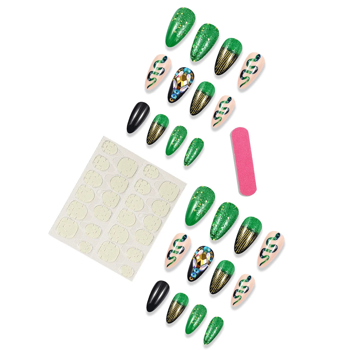 Press on Nails Long Stiletto False Nails Green Fake Nails Glitter Glue on Nails