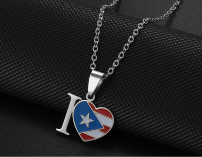 Heart Rectangle Puerto Rico Flag Pendant Necklaces
