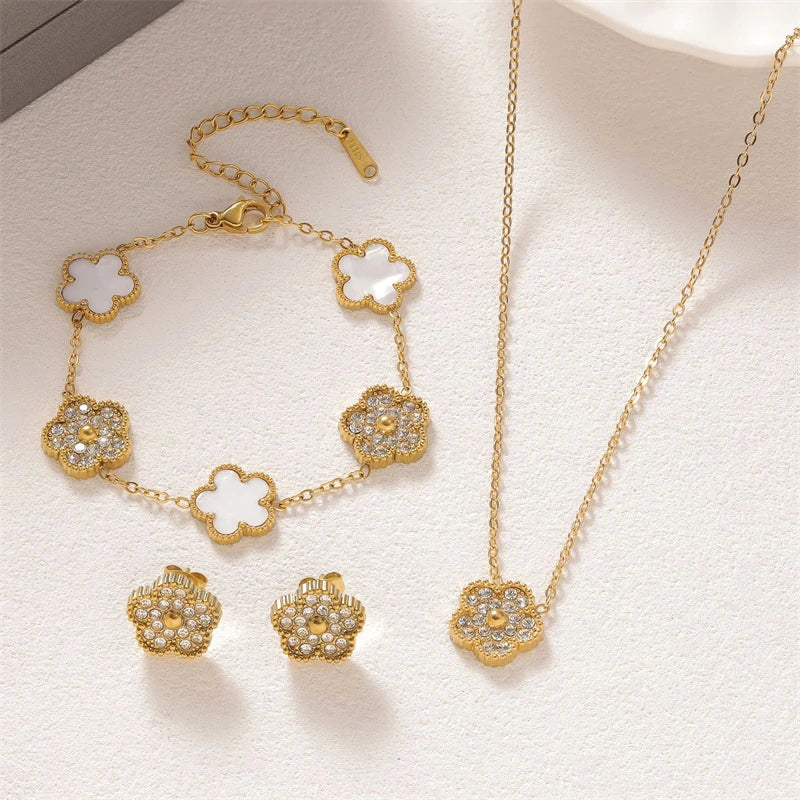 316L Stainless Steel Jewelry Set Zircon 5-Leaf Flowers