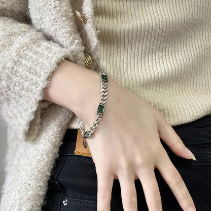 925 Sterling Silver Green Stone Retro Chain Bracelet