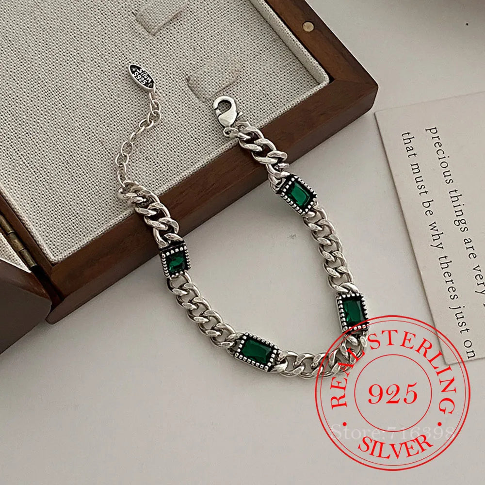 925 Sterling Silver Green Stone Retro Chain Bracelet